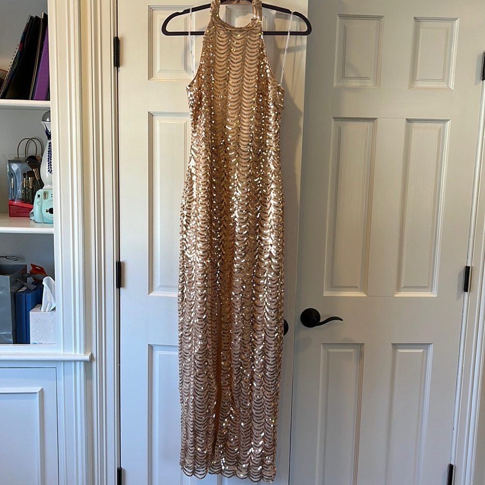 Gold sequin floor length halter gown